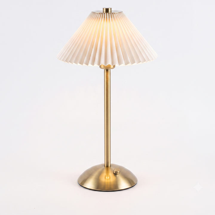 Cordless Pleated Table Lamp – Brass Rechargeable Dimmable Touch Lamp | Bedside & Living Room