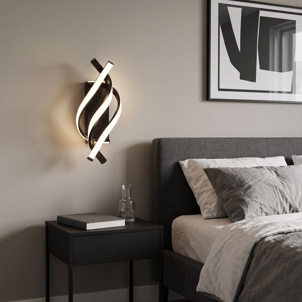 Black twisted LED wall sconce mounted beside bed in contemporary bedroom