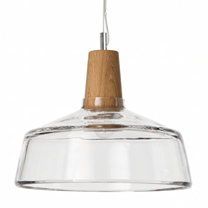 Clear glass pendant light with oak wood top on white background