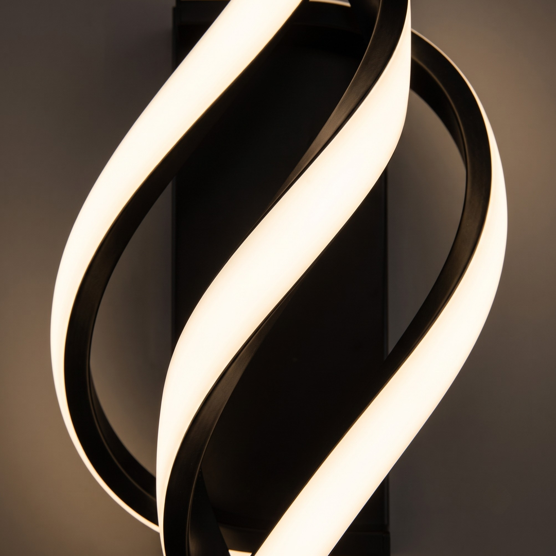 Close-up of sculptural twisted LED light bars with warm white glow