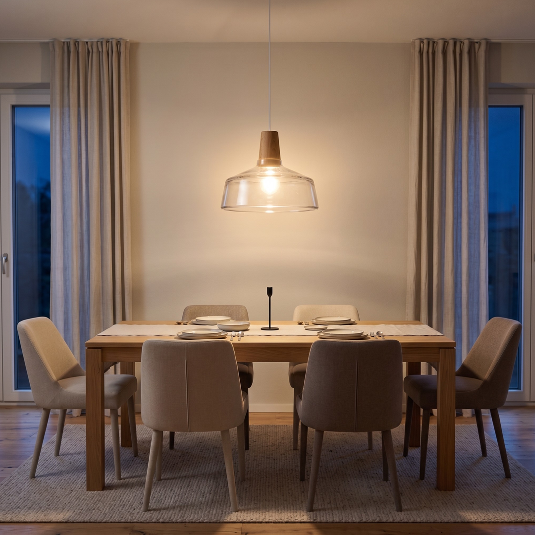 Clear glass and oak pendant lamp above rectangular oak dining table in warm evening setting
