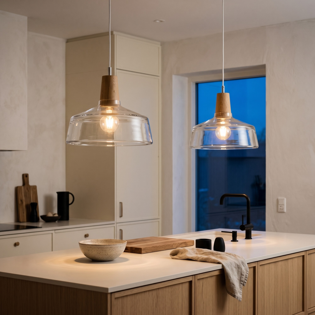 Close-up of hand-blown clear glass shade with conical oak top