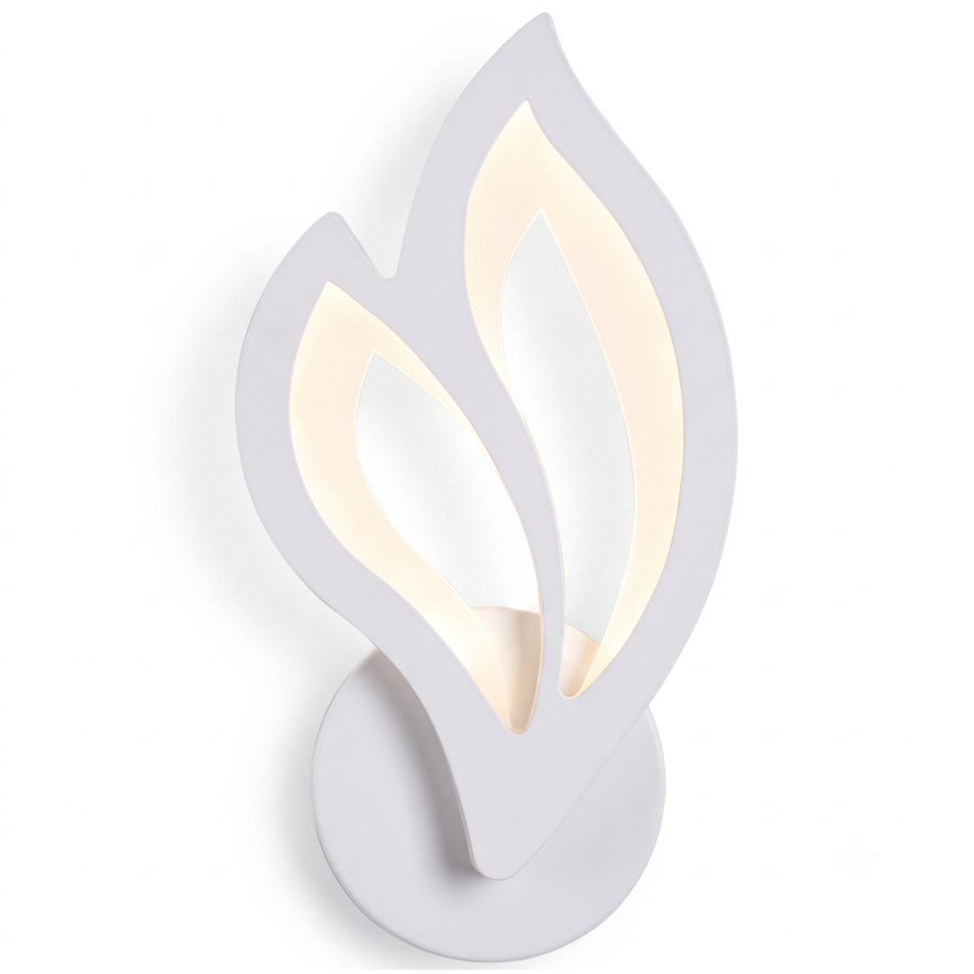 White leaf-shaped LED wall sconce on white background