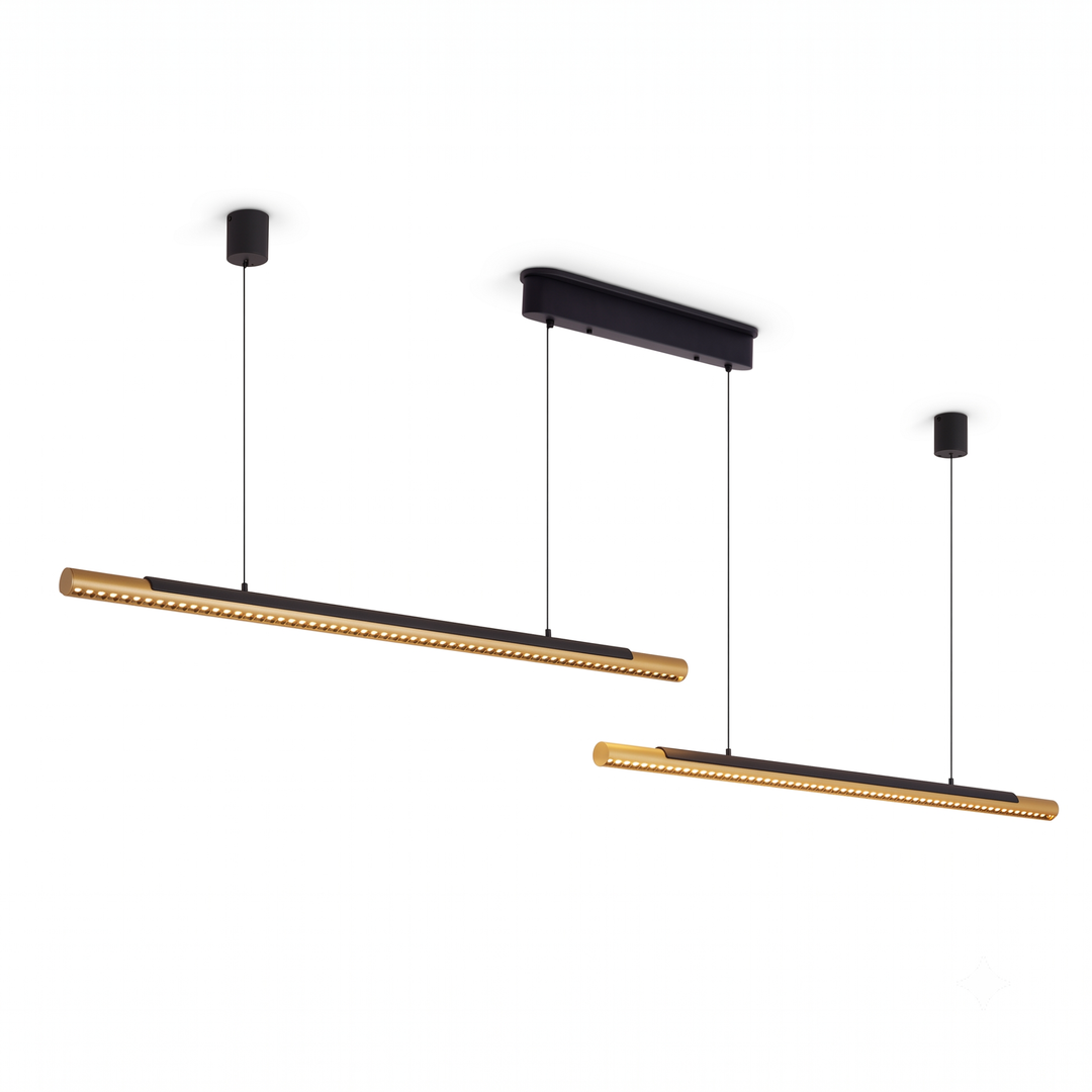 Black and gold dual-bar linear LED pendant light on white background
