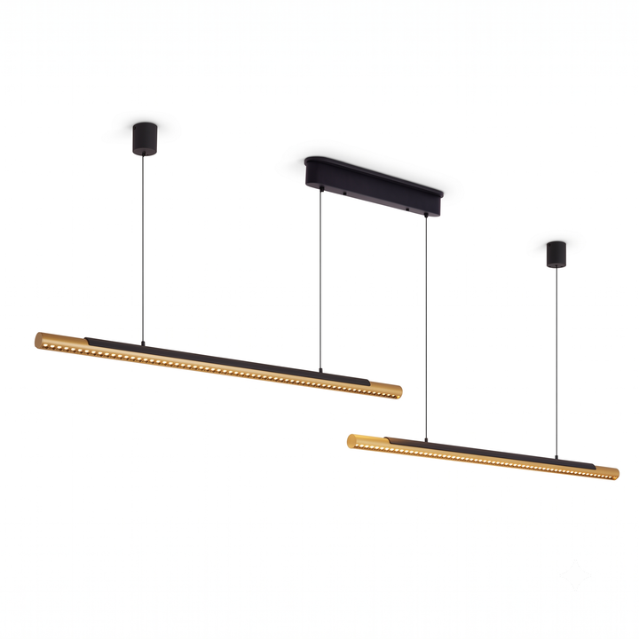 Black and gold dual-bar linear LED pendant light on white background