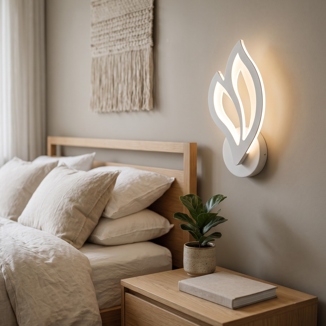 White LED wall sconce mounted beside bed in warm modern bedroom