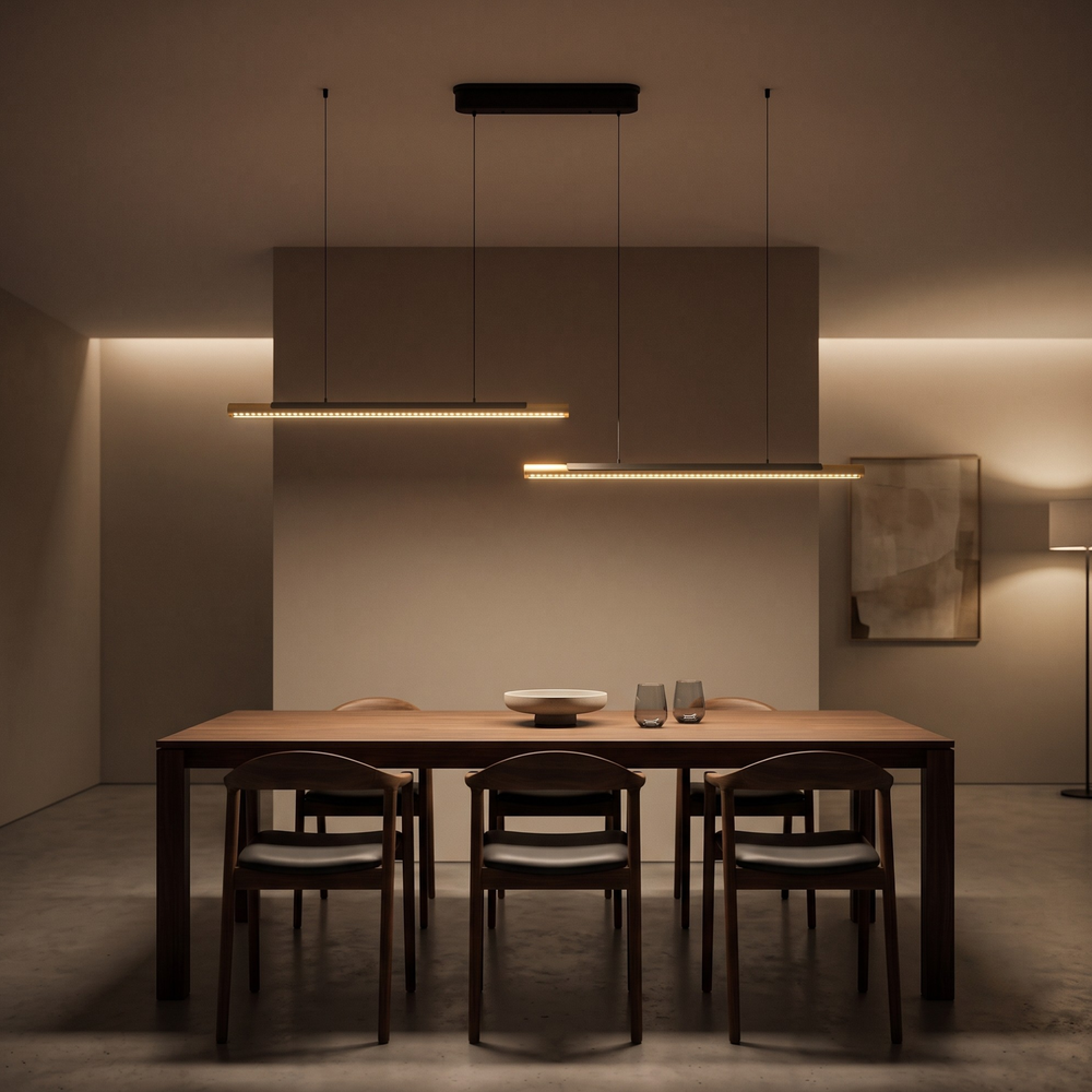 Gold linear LED pendant above dark walnut dining table in modern dining room