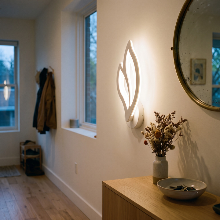 Dimmable white LED wall sconce shown at three warm brightness levels