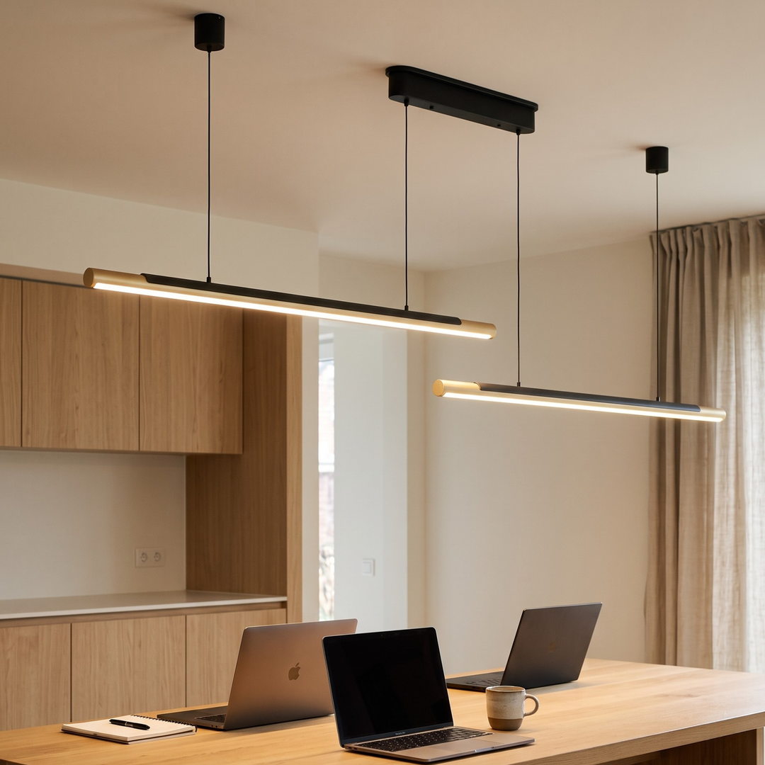 Close-up of recessed anti-glare LED cells in matte gold light bar