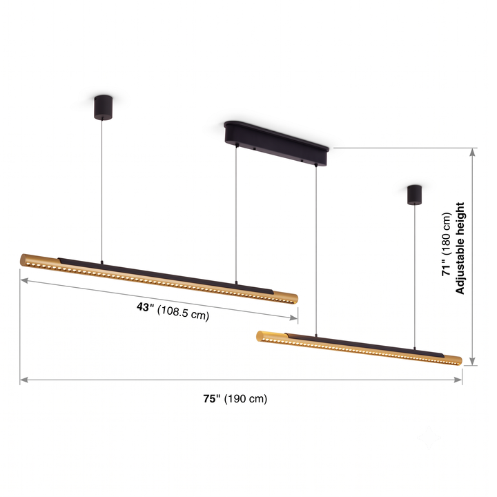 Dual-bar linear LED pendant with dimension lines showing 75 inch total width