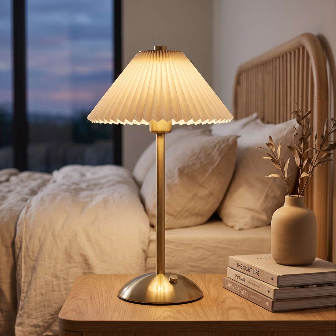 Cordless Pleated Table Lamp – Brass Rechargeable Dimmable Touch Lamp | Bedside & Living Room