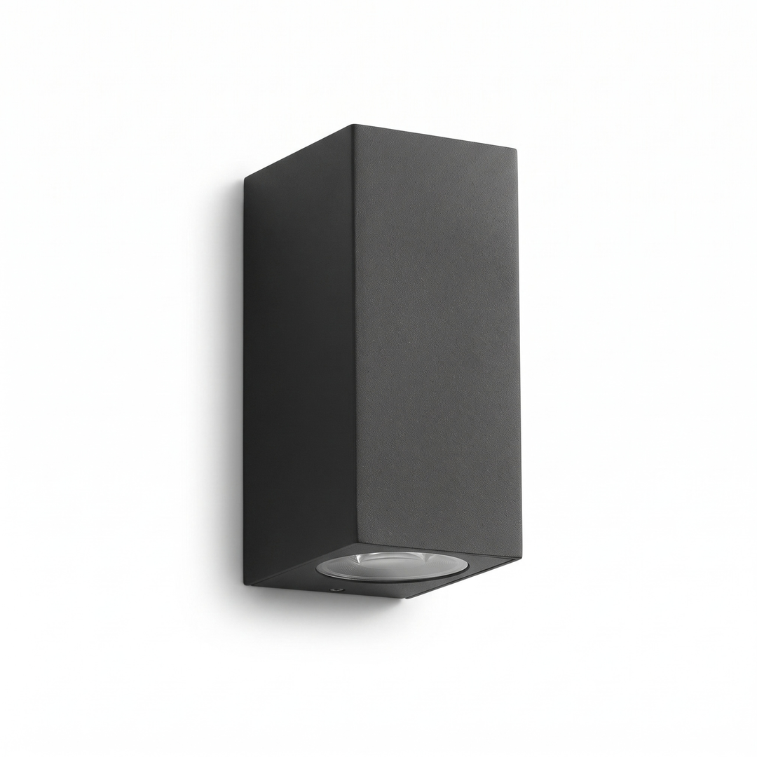 Black rectangular LED wall sconce with aluminum body and glass lens