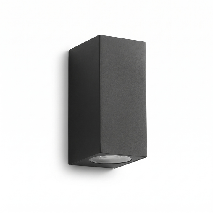 Black rectangular LED wall sconce with aluminum body and glass lens