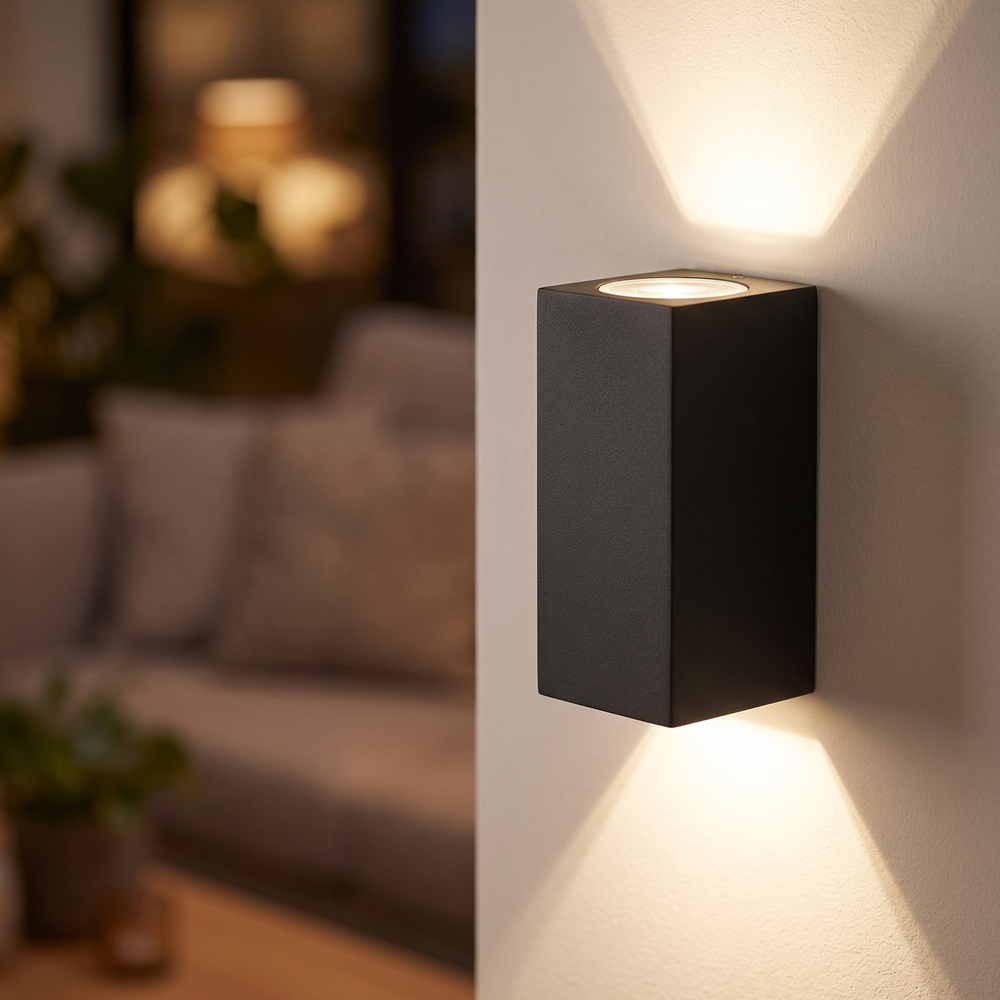 Modern black LED wall light casting a light pattern on the wall