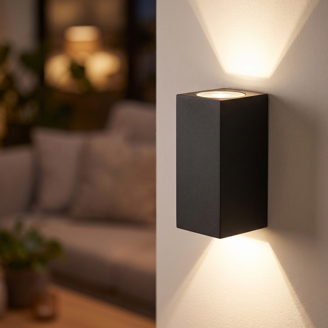 Modern black LED wall light casting a light pattern on the wall