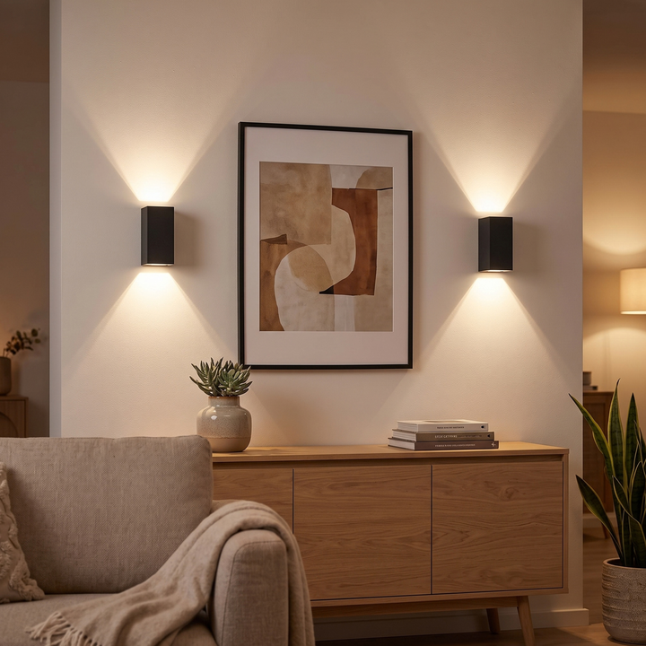 Detail of black aluminum LED wall sconce with glass lens