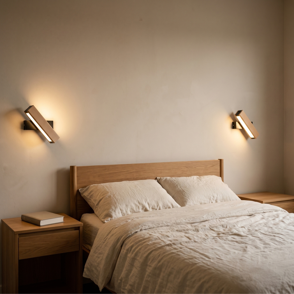 Two wood LED wall sconces on both sides of a bed