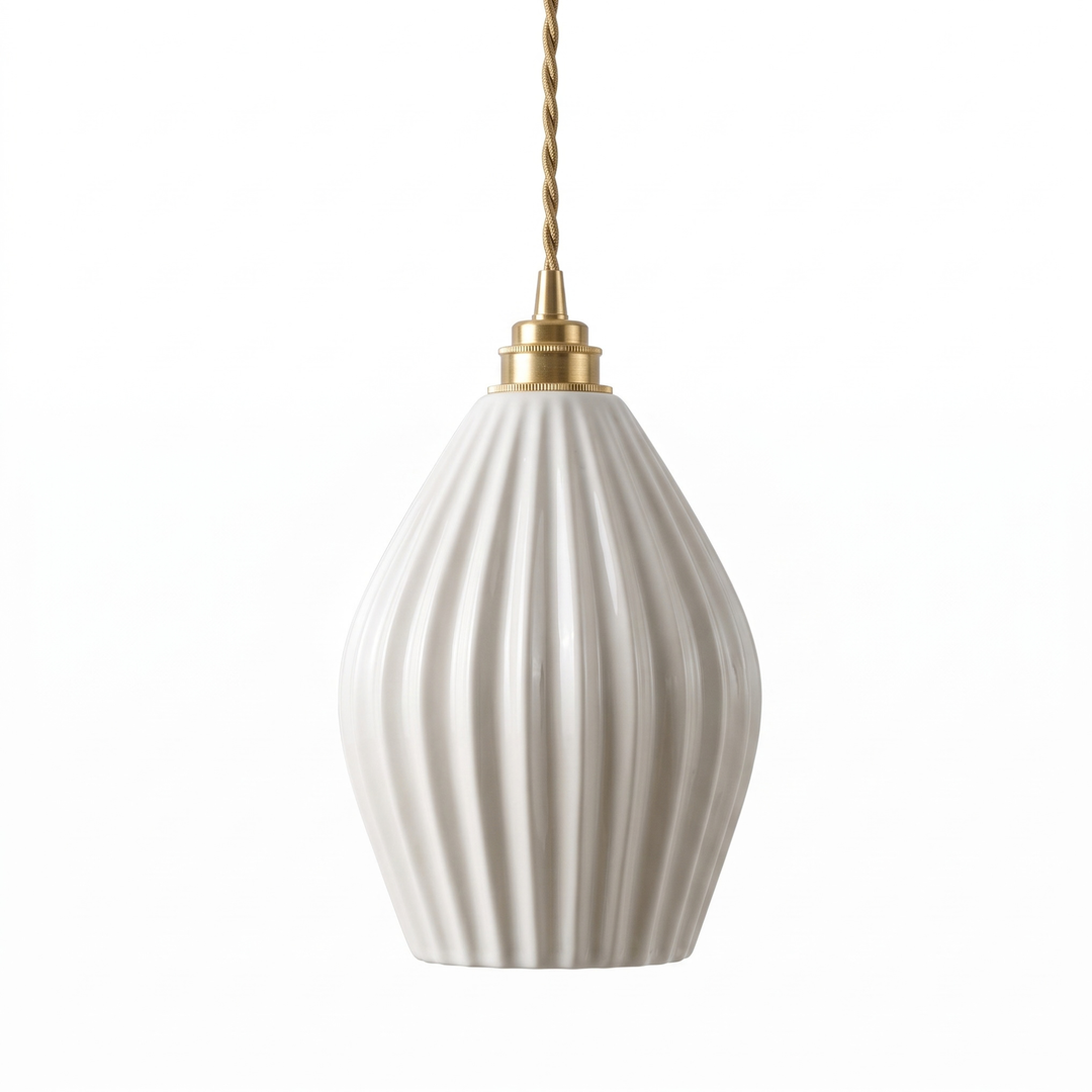 White ribbed ceramic mini pendant light with gold fittings