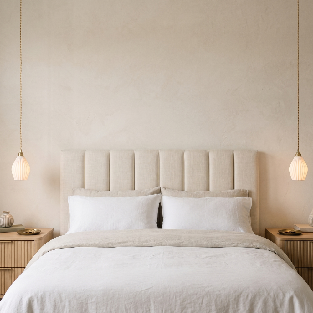 Two white ceramic pendant lights beside a bed