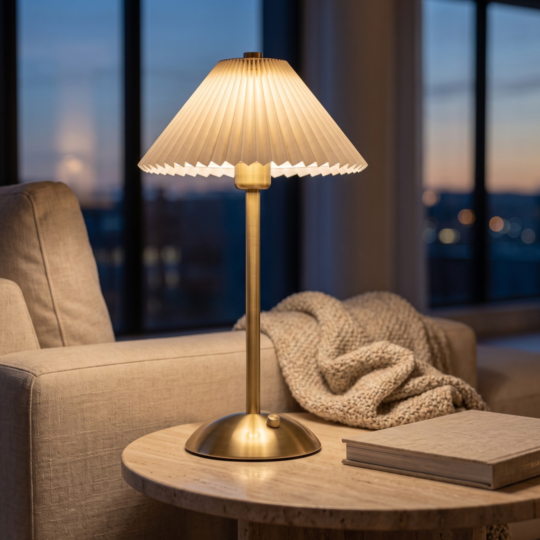 Cordless Pleated Table Lamp – Brass Rechargeable Dimmable Touch Lamp | Bedside & Living Room