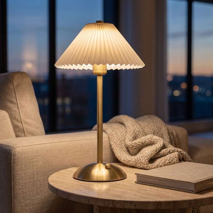 Cordless Pleated Table Lamp – Brass Rechargeable Dimmable Touch Lamp | Bedside & Living Room