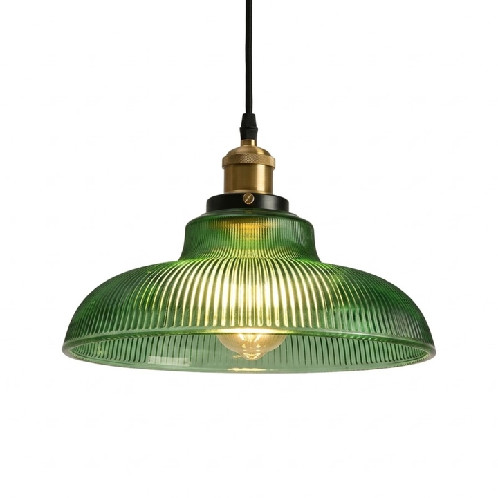 Green Glass Kitchen Island Pendant Light – Vintage Ribbed Hanging Light, 12.2" with Edison Bulb, for Dining Table