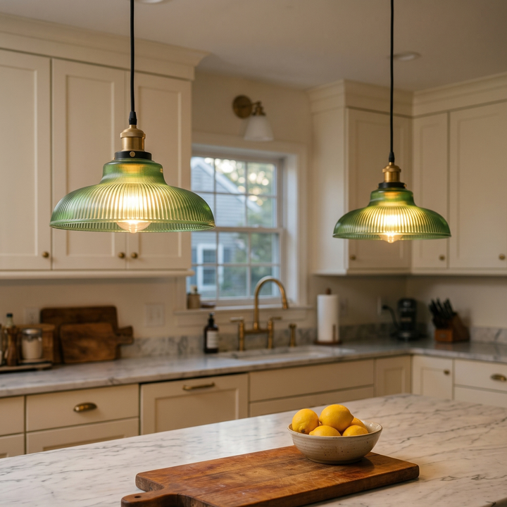 Green Glass Kitchen Island Pendant Light – Vintage Ribbed Hanging Light, 12.2" with Edison Bulb, for Dining Table