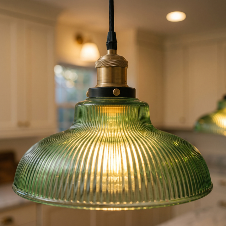 Green Glass Kitchen Island Pendant Light – Vintage Ribbed Hanging Light, 12.2" with Edison Bulb, for Dining Table