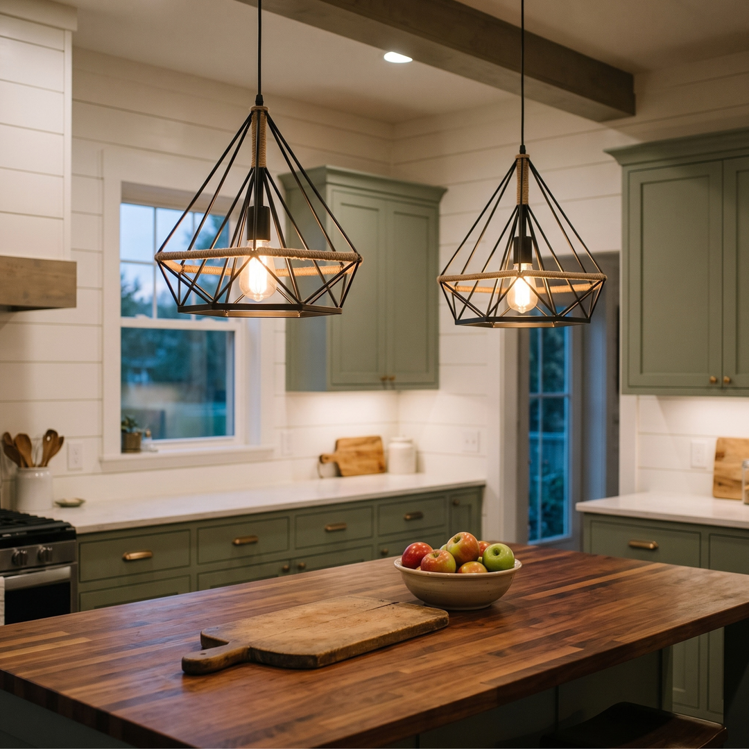 Rustic Pendant Light – Farmhouse Rope Kitchen Island Hanging Light, 9.8" for Dining Table & Hallway