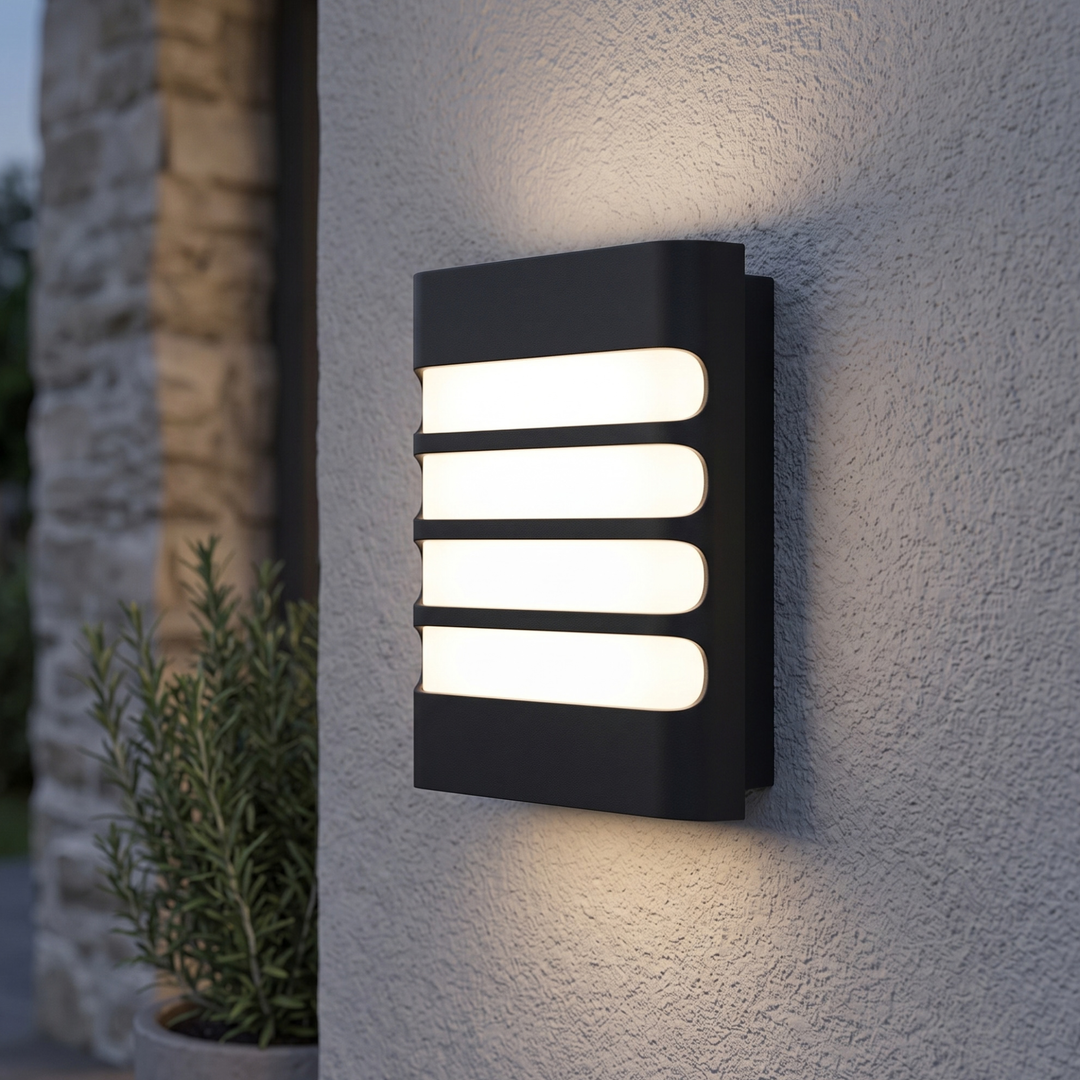 Black outdoor LED wall light with 4 glowing slats – modern waterproof porch wall sconce