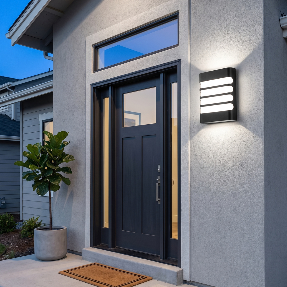 Modern black outdoor wall sconce mounted on an exterior wall – slatted LED porch light