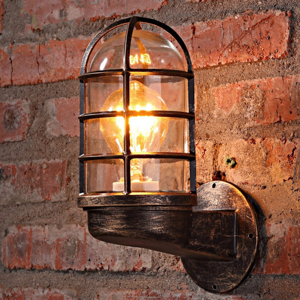 Vintage bronze cage wall light – rustic metal and glass porch sconce