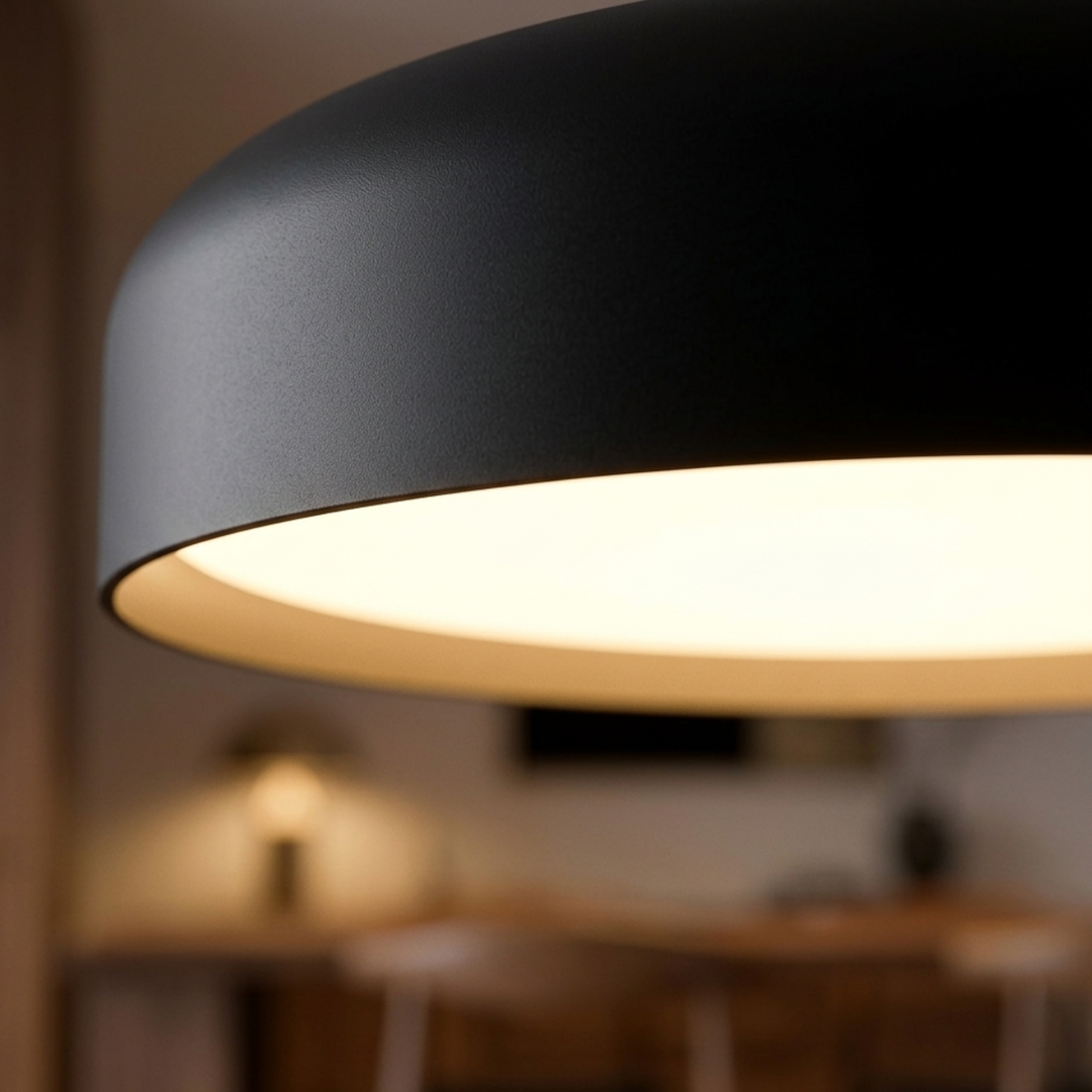 Modern black aluminum dome pendant with frosted diffuser, Scandinavian dining room lighting