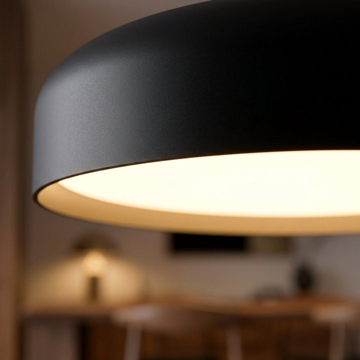 Modern black aluminum dome pendant with frosted diffuser, Scandinavian dining room lighting