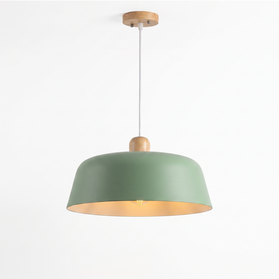 Sage green Nordic pendant light with wood top on white background