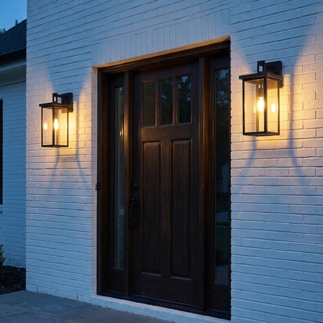Black outdoor wall lantern with clear glass, 19.7 inch porch light, set of 2
