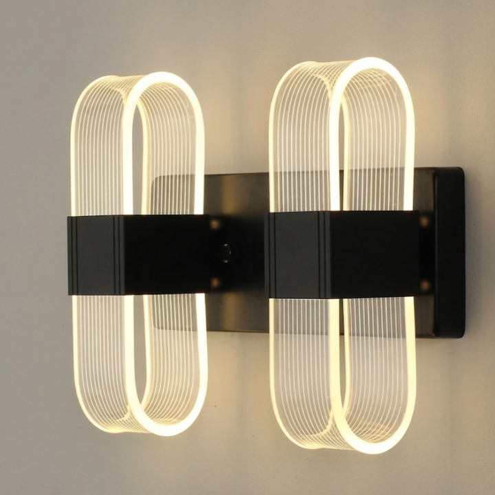 Black Double Loop LED Wall Sconce – Modern Ribbed Acrylic Wall Light, 24W, 3 Colors, 10.2" for Living Room & Hallway