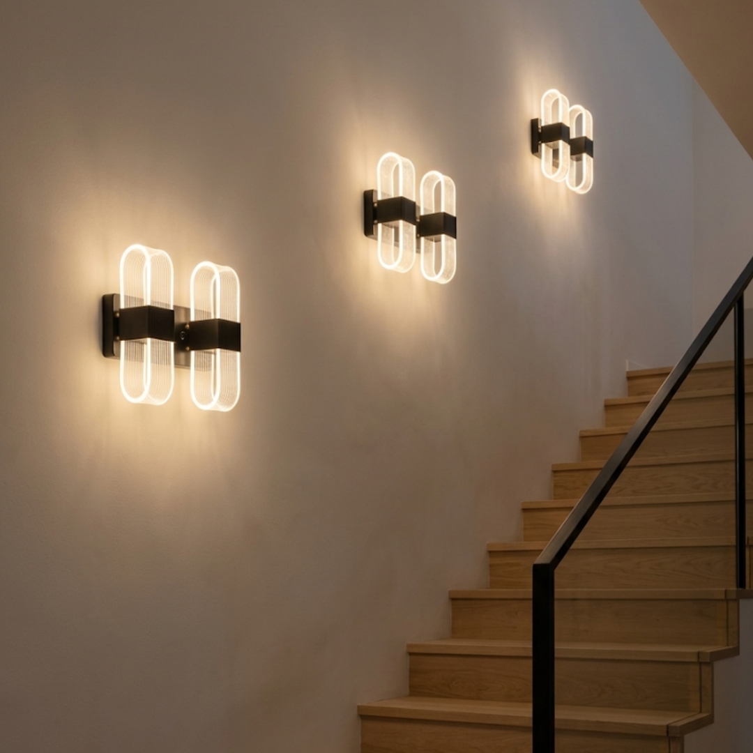 Black Double Loop LED Wall Sconce – Modern Ribbed Acrylic Wall Light, 24W, 3 Colors, 10.2" for Living Room & Hallway