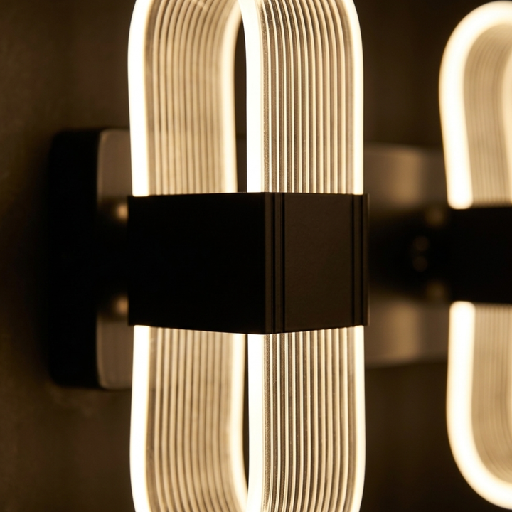 Black Double Loop LED Wall Sconce – Modern Ribbed Acrylic Wall Light, 24W, 3 Colors, 10.2" for Living Room & Hallway