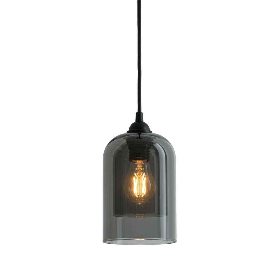 Smoked glass pendant light with dimensions 6 inch wide 8.7 inch tall