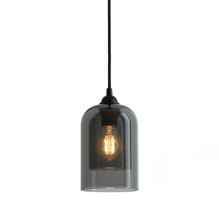 Smoked glass pendant light with dimensions 6 inch wide 8.7 inch tall