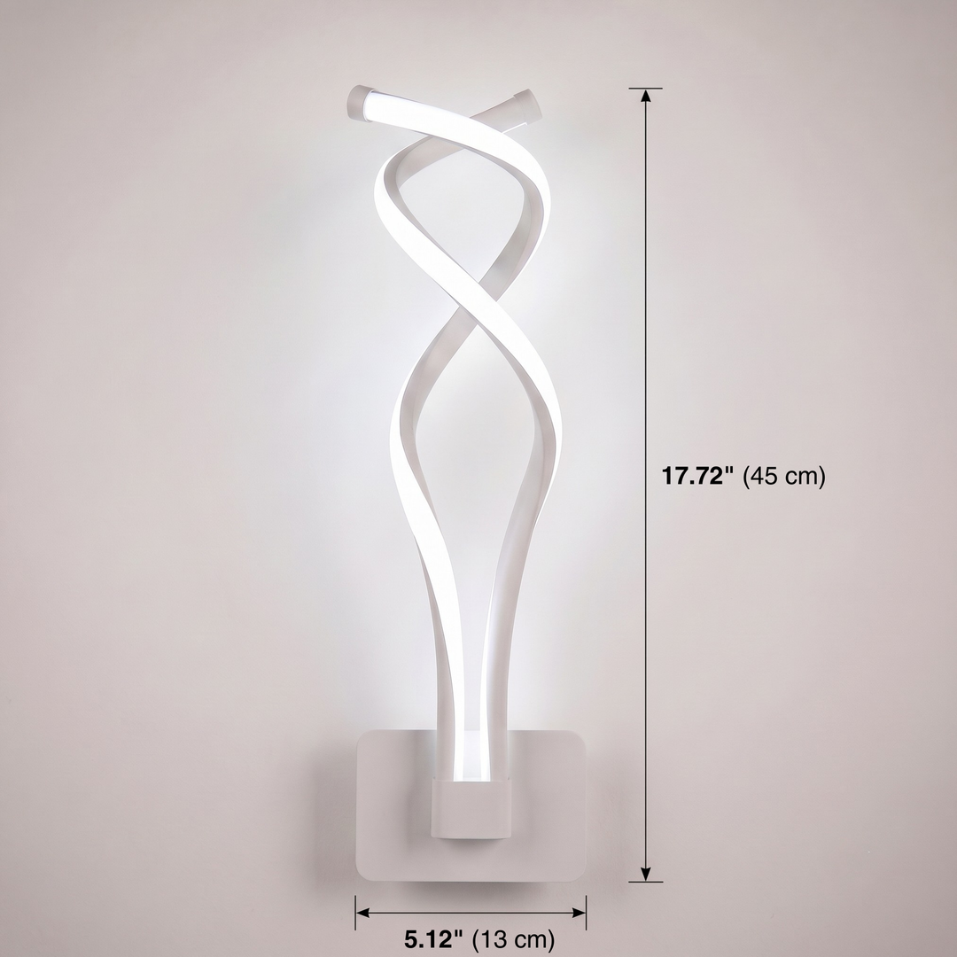 White spiral LED wall sconce with dimension lines on grey wall