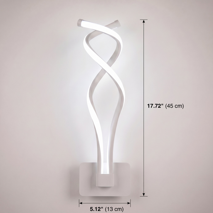 White spiral LED wall sconce with dimension lines on grey wall
