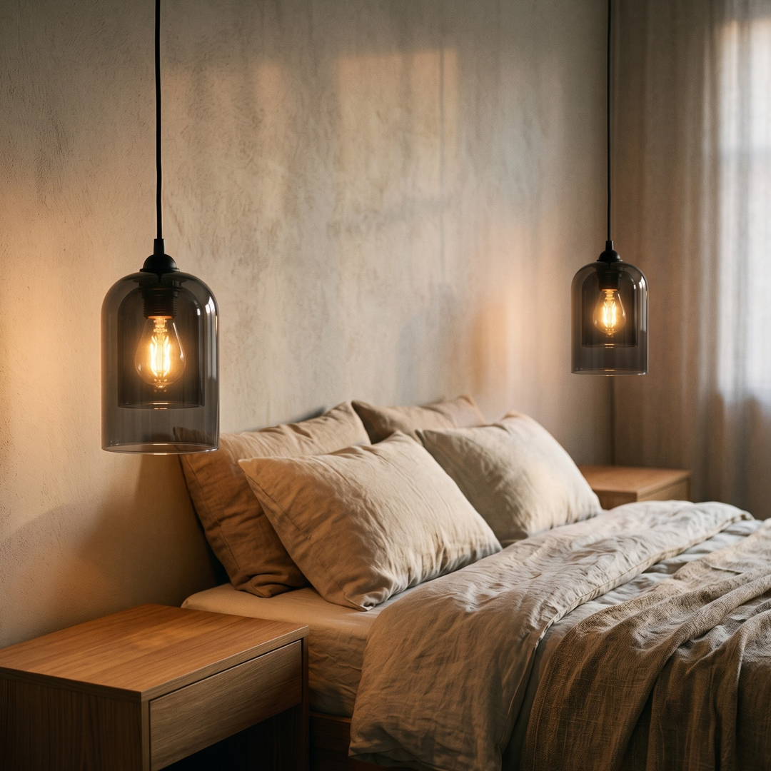 Modern glass pendant lamp in cozy reading nook with warm ambient light