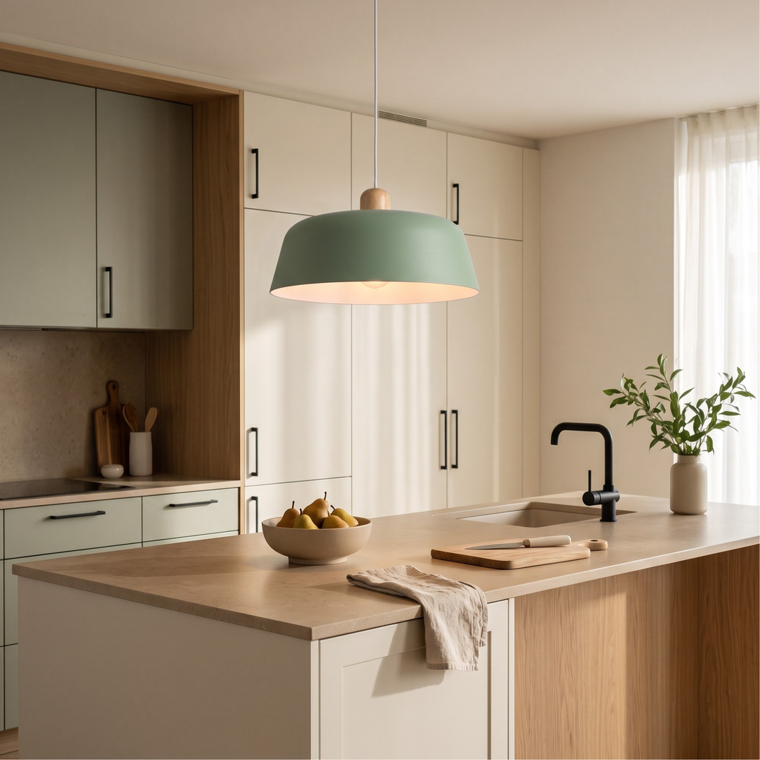Green Nordic pendant light above kitchen island in Scandinavian Japandi kitchen