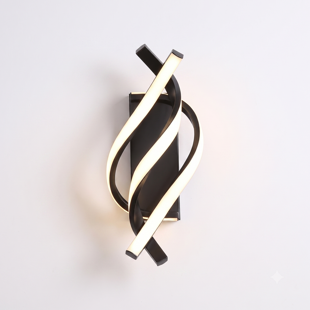 Modern black LED wall sconce with twisted light bars on white background