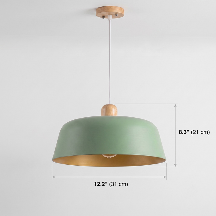 Sage green pendant light 12.2 inch wide with dimension lines