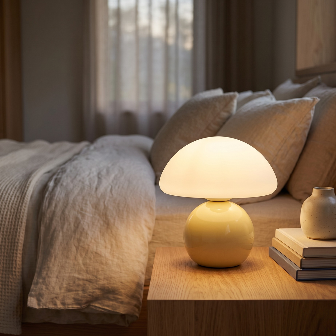 Cream Mushroom Table Lamp – Dimmable Glass Bedside Lamp | Warm White Touch & Remote