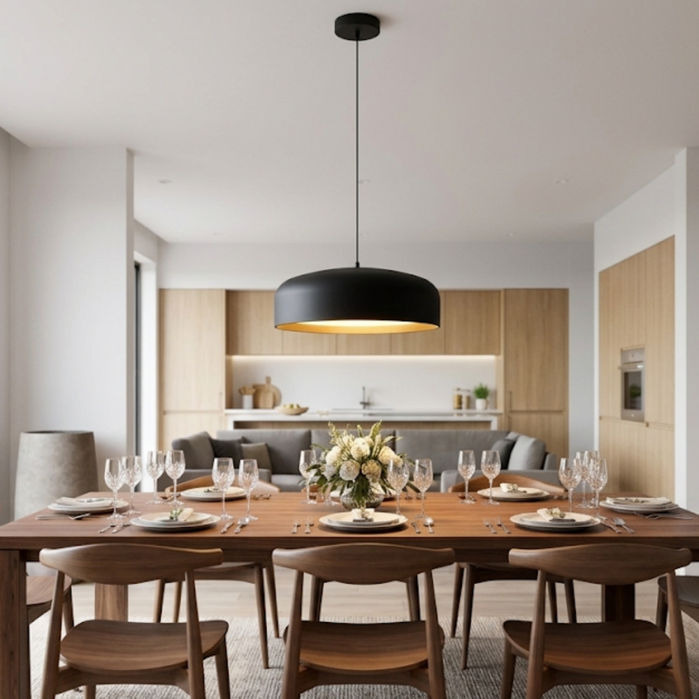 Matte black dome pendant light with warm white LED for dining table and kitchen island