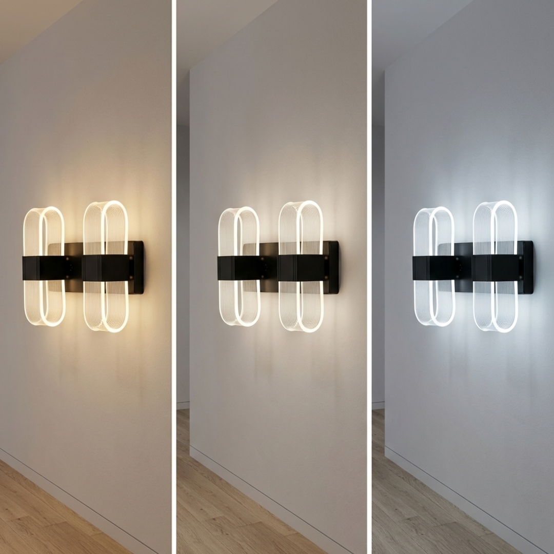 Black Double Loop LED Wall Sconce – Modern Ribbed Acrylic Wall Light, 24W, 3 Colors, 10.2" for Living Room & Hallway